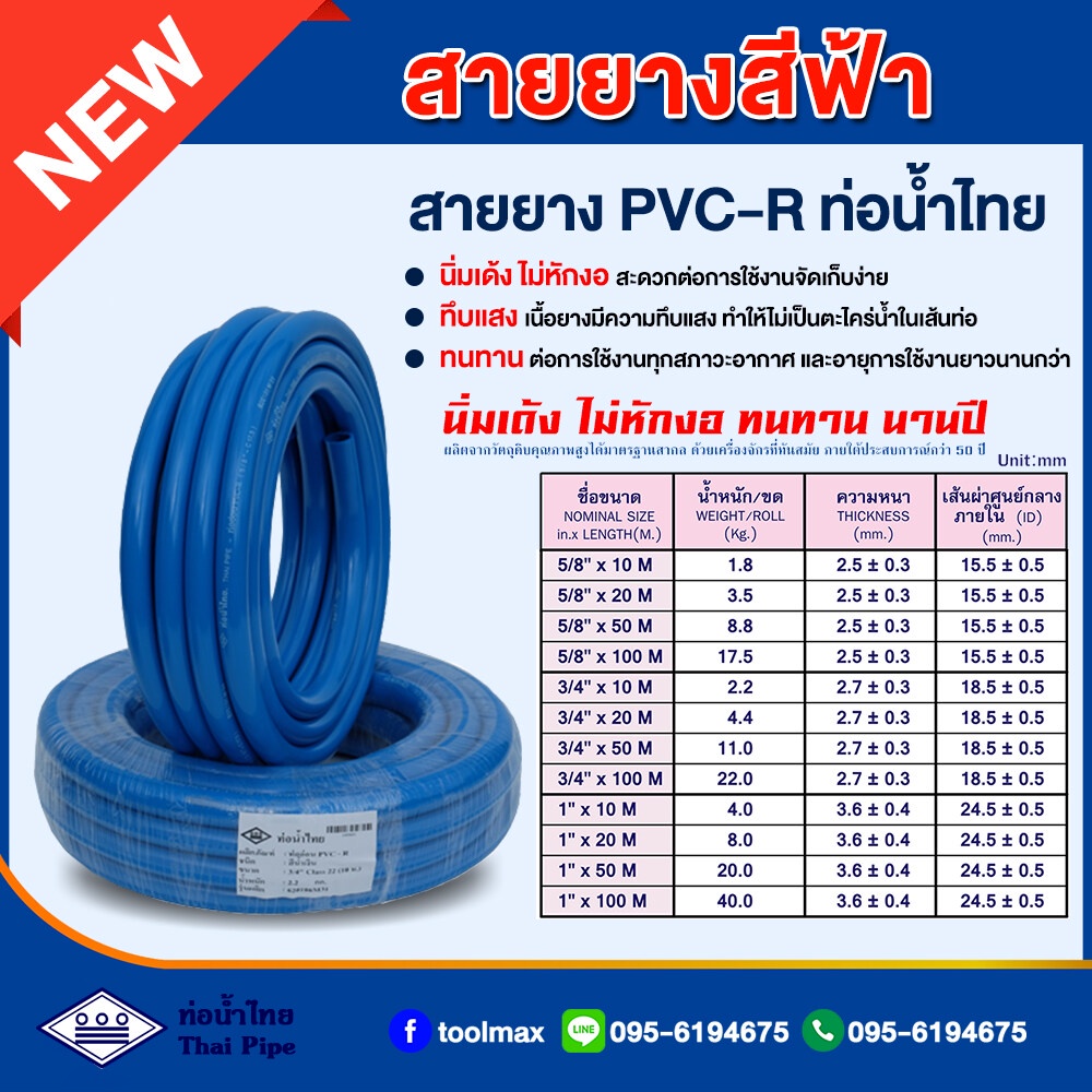 สายยางสีฟ้า ท่อน้ำไทย THAI PIPE ขนาด 5/8"(5หุน) , 3/4"(6หุน) , 1"(1นิ้ว) ความยาว 100เมตร