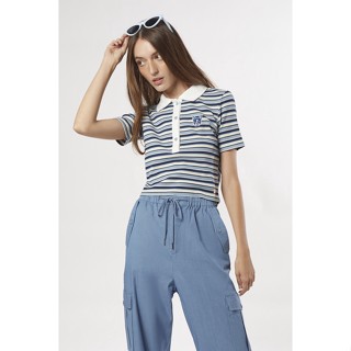 ESP เสื้อนิตเฟรนช์ชี่ลายทาง ผู้หญิง สีน้ำเงิน | Frenchie Knit Collared Stripe Top | 6002