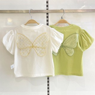 เสื้อยืดแขนสั้น ผ้าฝ้าย ลายผีเสื้อ สีเขียว สําหรับเด็กผู้หญิง/Girls short-sleeved T-shirt 2022 summer new thin childrens baby cotton summer top Babys half sleeve