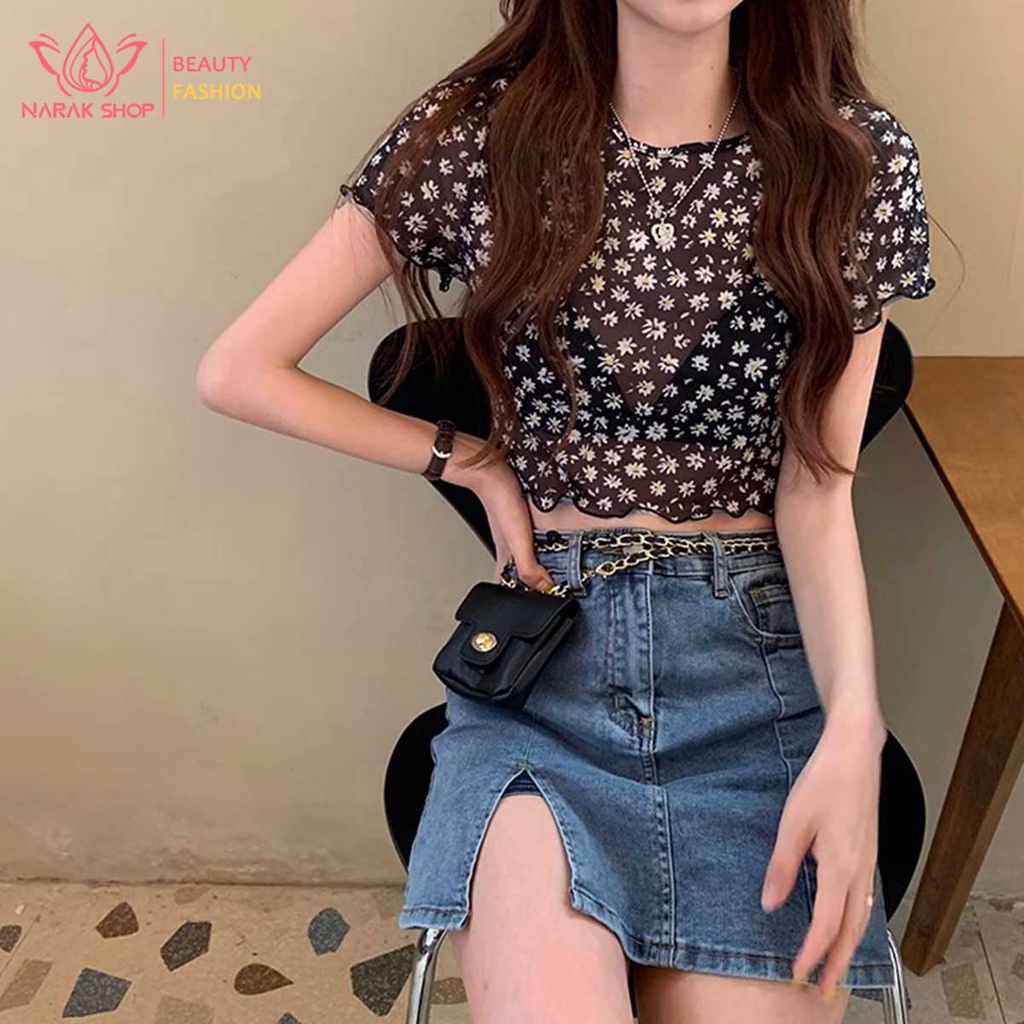 พร้อมส่ง เสื้อครอปสั้นซีทรูสำหรับผู้หญิง เสื้อครอปลำลองดอกไม้ เสื้อครอปท็อปซีทรูผ้าบาง