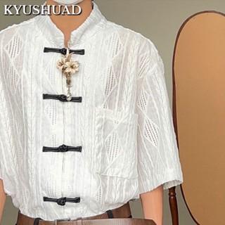 KYUSHUAD หลวมสไตล์จีนเฉพาะช่องอินเทรนด์แขนสั้นเสื้อใหม่สไตล์จีนย้อนยุค jacquard เสื้อเชิ้ตกระดุมคอกลวง,