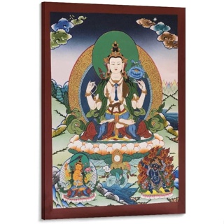 Chenrezig with Manjusri and Vajrapani Thangka Tibetan โปสเตอร์ภาพวาดผ้าใบ สําหรับตกแต่งผนังบ้าน