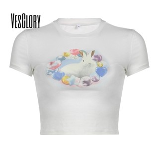 Vesglory เสื้อครอปท็อปลําลอง คอกลม แขนสั้น พิมพ์ลาย หลากสี แฟชั่นสําหรับสตรี 2023