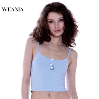 Weania เสื้อท็อป พิมพ์ลายลูกแมว สีพื้น เรียบง่าย เซ็กซี่ สําหรับผู้หญิง