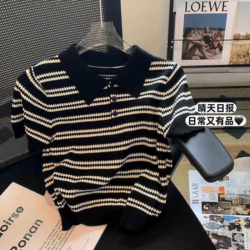 เสื้อโปโลแขนสั้น ผ้าถัก ลายทาง สีตัดกัน สไตล์เกาหลี แฟชั่นฤดูร้อน สําหรับผู้หญิง 2025