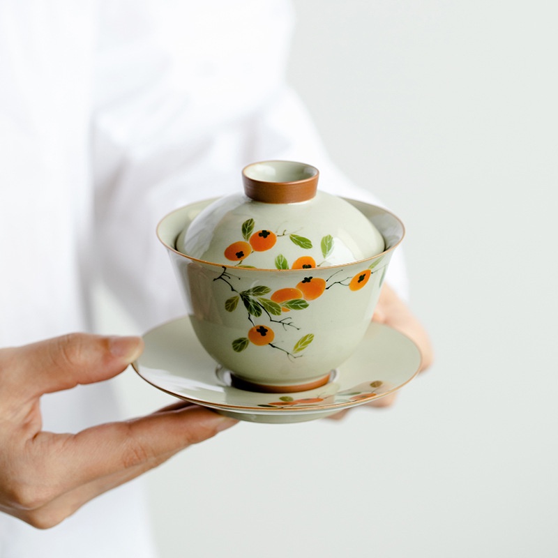 Persimmon Sancai ชุดถ้วยชาเซรามิค พร้อมฝาปิด ของใช้ในครัวเรือน [A067]