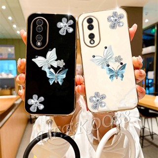 เคสโทรศัพท์มือถือ ลายผีเสื้อบินน่ารัก พร้อมสายคล้องมือ สีชมพู สําหรับ Honor 90 Lite X8a Magic5 Pro 5G 4G 2023 Honor90Lite Honor90