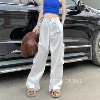 2TOYOUNG  กางเกงขายาว คาร์โก้ กางเกง เชือกอเมริกันคลาสิค Cargo pants 2023 NEW 072548 ทันสมัย Trendy ins พิเศษ A90M09B 36Z230909