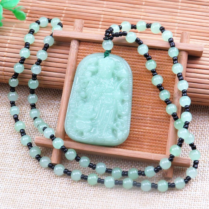 HIJAU สร้อยคอหยกสีเขียวพม่าดั้งเดิมเทพเจ้าแห่งความมั่งคั่ง Cai Shen โชคดี K81