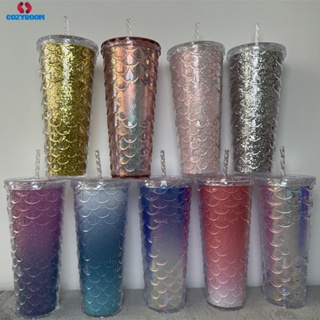 710ml Starbucks Double Layer ถ้วยเย็นพลาสติกถ้วยฟางเพชร Ins สไตล์เลเซอร์ Glitter Tumbler พร้อมฟางขวดน้ำซินเทีย