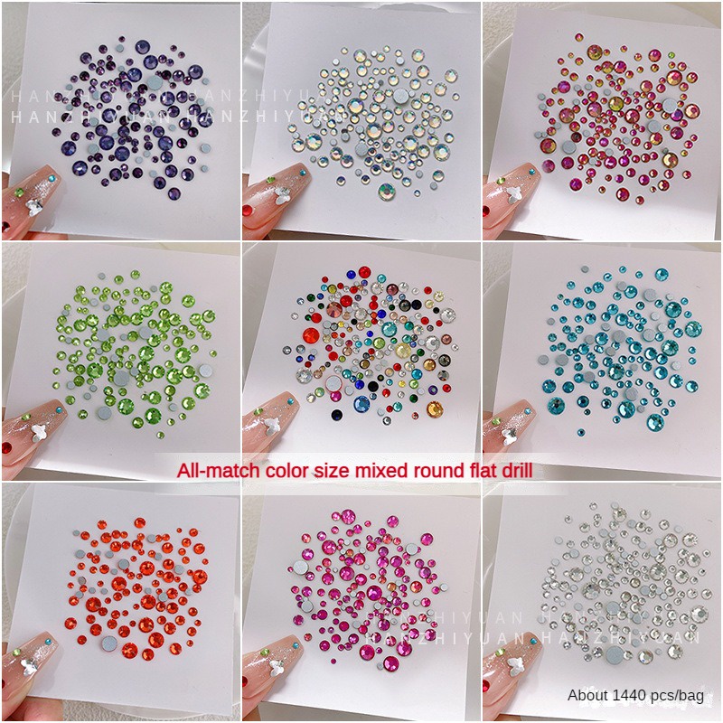 ประมาณ 1440ชิ้นคริสตัลสีผสมด้านล่างแบนรอบเล็บเครื่องประดับเพชร / เครื่องประดับเพ้นท์เล็บสามมิติแบบหลายเหลี่ยมเพชรพลอยอเนกประสงค์ / DIY ตกแต่งเล็บ
