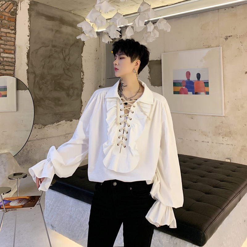 ฮาโลวีนแวมไพร์ Retro Cuff Neckline Ruffled Drawstring เสื้อแขนยาวผู้ชายผู้หญิง ins Influencer เสื้อศาลที่ไม่ซ้ํากันอินเทรนด์