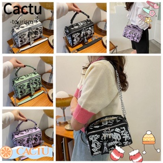 Cactu กระเป๋าสะพายไหล่ กระเป๋าถือ หนัง PU ลายกราฟฟิตี้ สีดํา สามารถปรับได้ เหมาะกับการเดินทาง