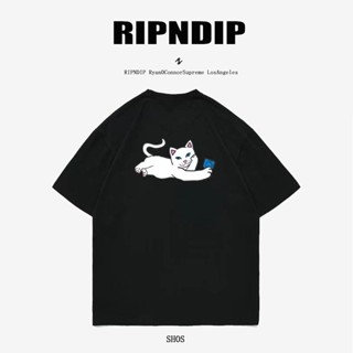 Ripndip Mean Cat เสื้อยืดลําลอง ผ้าฝ้าย แขนสั้น พิมพ์ลายแมว ทรงหลวม เหมาะกับฤดูร้อน สําหรับผู้ชาย และผู้หญิง