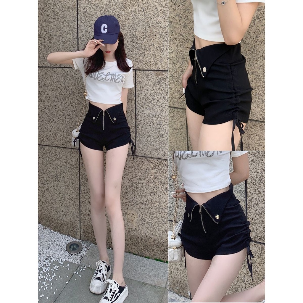 🔥ส่งไวจากไทย🔥 MSD ฤดูร้อนบวกขนาดยีนส์สีดำกางเกงขาสั้นผู้หญิงเอวสูง Drawstring ซิป(S-5XL) - รูปที่ 3