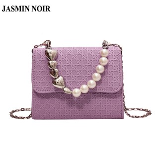 Jasmin NOIR กระเป๋าถือ กระเป๋าสะพายไหล่ สะพายข้าง หนัง PU พิมพ์ลายดอกไม้ แต่งสายโซ่ ประดับมุก ขนาดเล็ก สําหรับสตรี