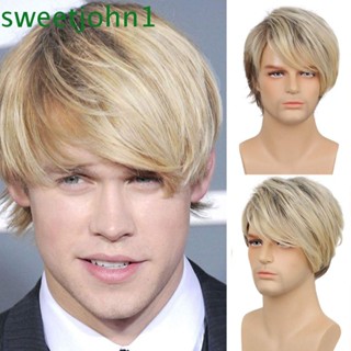 Sweetjohn วิกผมสังเคราะห์ สีน้ําตาล วิกผมสั้นตรง ธรรมชาติ สีบลอนด์ปลอม ระบายอากาศ แฟชั่นสําหรับผู้ชาย