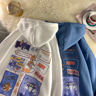 เสื้อกันหนาว มีฮู้ด ลายการ์ตูนแมว และหนู ขนาดใหญ่ สําหรับผู้หญิง C11520