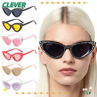 Clever แว่นตากันแดด UV400 ทรงตาแมว ประดับเพชรเทียม ขนาดใหญ่ สีดํา สําหรับผู้หญิง