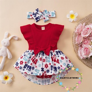 Babyclothes- ชุดรอมเปอร์ พิมพ์ลายตัวอักษร ดอกไม้ พร้อมที่คาดผม วันประกาศอิสรภาพ ฤดูร้อน สําหรับเด็กทารกแรกเกิด เด็กวัยหัดเดิน