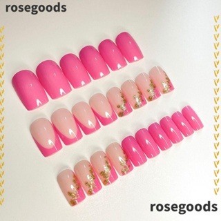 Rosegoods1 เล็บปลอม แต่งกลิตเตอร์ ฟอยล์สีทอง ความยาวปานกลาง สไตล์ฝรั่งเศส แฟชั่นสําหรับผู้หญิง 24 ชิ้น ต่อกล่อง