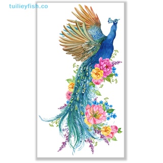 Tuilieyfish สติกเกอร์ติดผนัง ลายดอกไม้ นกยูง สีเขียว สไตล์จีน สําหรับตกแต่งบ้าน