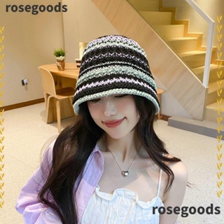 Rosegoods1 หมวกบักเก็ตถักโครเชต์ ลายทางสีรุ้ง ป้องกันรังสียูวี พับได้ หลากสี แฟชั่นฤดูร้อน