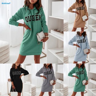 【HODRD】Womens Autumn Fashion Hooded Sweatshirt Dress Loose Fit Letter Print (Grey)【Fashion】