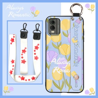 Anti-knock Dirt-resistant Phone Case For Nokia C32 Silicone Kickstand Oil Painting flower Wrist Strap ring Fashion Design