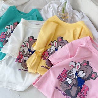 【Girl Top】เสื้อยืด ผ้าฝ้าย 100% พิมพ์ลายการ์ตูน Baju Budak Perempuan ทรงหลวม สไตล์เกาหลี (1-14 ปี) (4 สี)