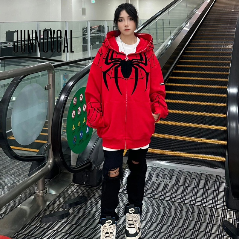 JUNNOVGAL ผู้หญิงแฟชั่นใหม่Spider Man พิมพ์ปักซิปหลวมอเนกประสงค์ Hoodie