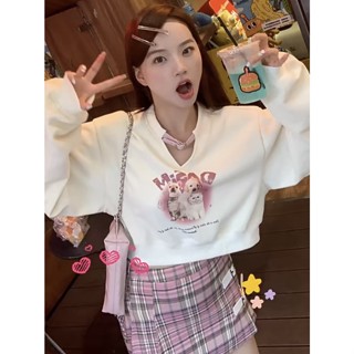 เสื้อกันหนาว แขนยาว พิมพ์ลาย เสื้อท็อปส์ ลายการ์ตูน ทรงหลวม สีหวาน