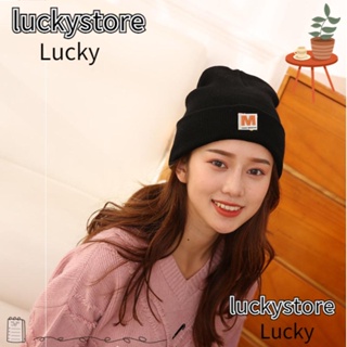 Lucky หมวกถัก ผ้าวูล ลายตัวอักษร สีพื้น ให้ความอบอุ่น แบบสวมหัว ลําลอง สําหรับเล่นสกี ฤดูหนาว