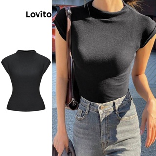 Lovito เสื้อยืดลําลอง เรียบง่าย สําหรับผู้หญิง L62ED028 (สีดํา)