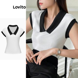 Lovito เสื้อยืดลําลอง บล็อกสีล้วน สําหรับผู้หญิง L62ED034 (สีดําและสีขาว)