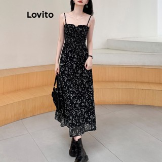 Lovito ชุดเดรสลําลอง ลายดอกไม้ แต่งลูกไม้ แต่งผ่าข้าง สําหรับผู้หญิง LNE19050 (สีดํา)