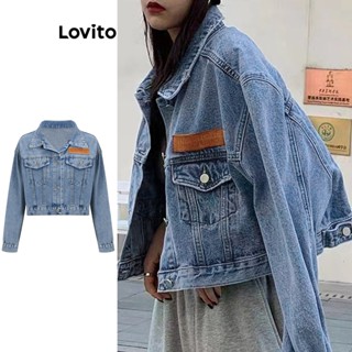 Lovito เสื้อแจ็กเก็ตยีน แต่งกระเป๋า หรูหรา สําหรับผู้หญิง L62ED108 (สีน้ําเงินเข้ม)