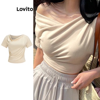 Lovito เสื้อยืดลําลอง แขนสั้น ทรงอสมมาตร สีพื้น สําหรับผู้หญิง L62ED033 (แอปริคอท)