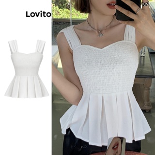 Lovito เสื้อกล้ามลําลอง จับจีบ สม็อค สําหรับผู้หญิง L62ED051 (สีขาว)