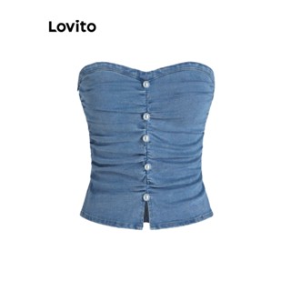 Lovito เสื้อยีนลําลอง ประดับไข่มุก สีพื้น สําหรับผู้หญิง L62ED106 (สีฟ้า)