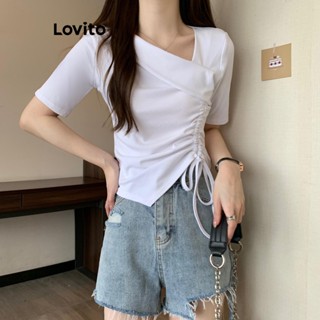 Lovito เสื้อยืดลําลอง แบบผูกเชือก ทรงอสมมาตร แบบเรียบ สําหรับผู้หญิง LNE19058 (สีขาว)