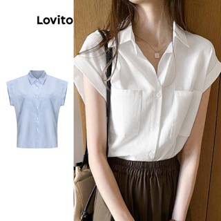 Lovito เสื้อเบลาส์ลําลอง ลายทาง ติดกระดุมด้านหน้า สําหรับผู้หญิง L62ED010 (สีขาว/น้ําเงิน)