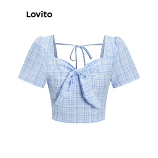 Lovito เสื้อครอปลําลอง ลายสก๊อต สําหรับผู้หญิง L62ED016 (สีฟ้าและสีขาว)