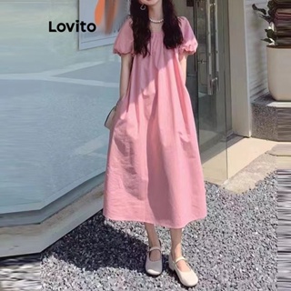 Lovito ชุดเดรสแขนพัฟ ลําลอง แบบเรียบ สําหรับผู้หญิง LNE19002 (สีชมพู)