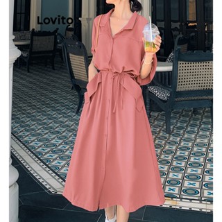 Lovito ชุดเดรสลําลอง แบบผูกเชือกด้านหน้า มีกระเป๋าเสื้อ สําหรับผู้หญิง LNE19005 (สีชมพู)