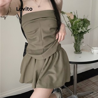 Lovito ชุดกระโปรงพลีท ลําลอง สีพื้น สําหรับผู้หญิง LNE19028 (สีกากี)