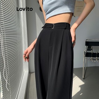 Lovito กางเกงตาไก่ โลหะ ทรงไม่สมมาตร สง่างาม เรียบง่าย สําหรับผู้หญิง LNE19076 (สีดํา)