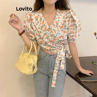 Lovito เสื้อเบลาส์ พิมพ์ลายดอกไม้ แบบผูกเชือก สวยงาม สําหรับผู้หญิง LNE19085 (สีส้มเผา)