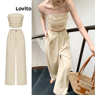 Lovito ชุดกางเกงลําลอง Ruched สําหรับผู้หญิง L62ED117 (เสื้อ/กางเกง)