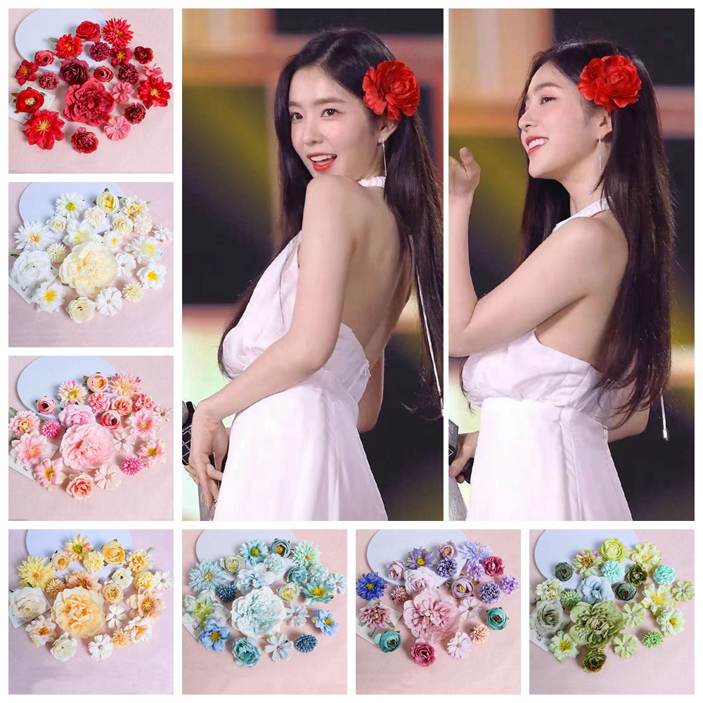 21pcs ดอกไม้ Big Rose Peony เจ้าสาวผู้หญิงสาวดอกไม้ผ้าไหม DIY Hairpin เข็มกลัดงานแต่งงานคริสต์มาสฤดูร้อน Beach ผู้หญิงอุปกรณ์เสริมผม